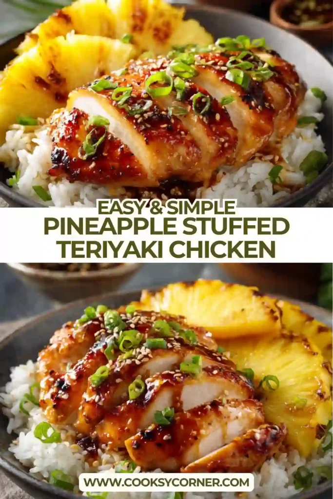 Oven-baked teriyaki chicken stuffed with pineapple rings and brushed with homemade sauce.
