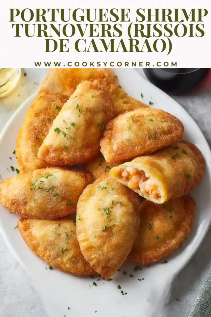Close-up of Portuguese shrimp turnovers with creamy interior.