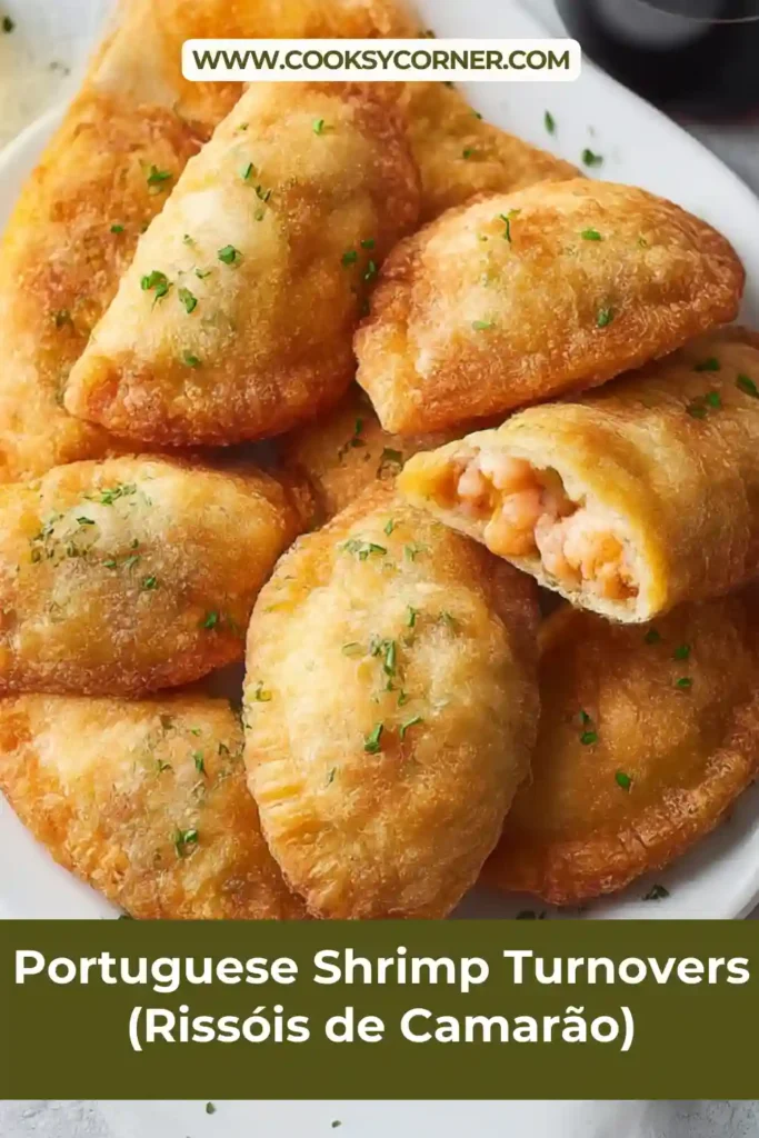 Portuguese shrimp turnovers fried until golden with creamy shrimp filling.
