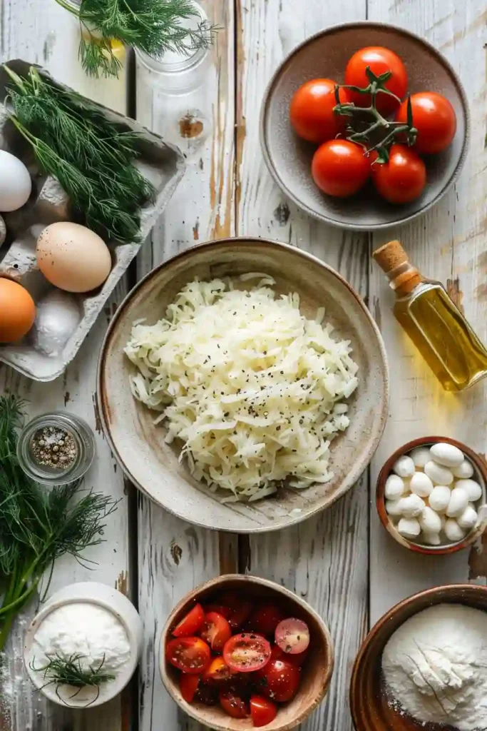Golden potato onion pancakes with tomato and cheese topping fresh from the oven.