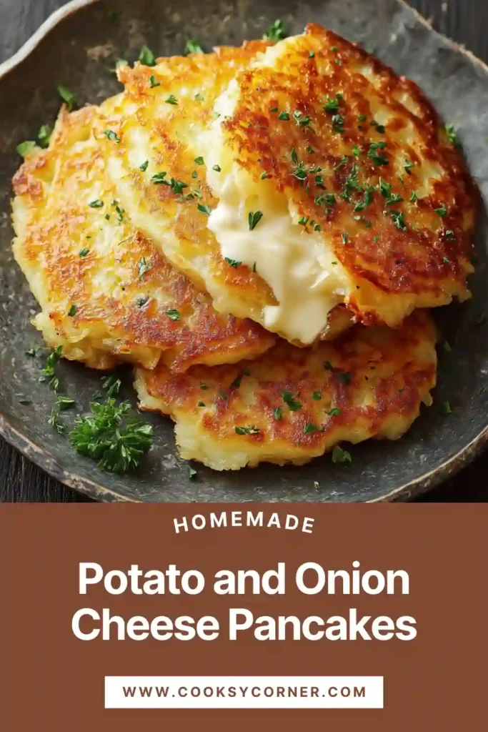 Potato and Onion Cheese Pancakes topped with diced tomatoes, melted mozzarella, and fresh dill, baked until golden and crispy.