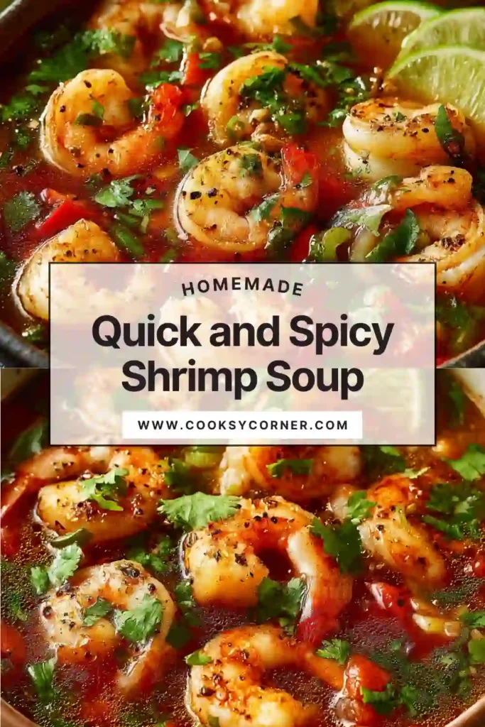 Close-up of Quick and Spicy Shrimp Soup showing juicy shrimp and vegetables in a tomato-based broth.
