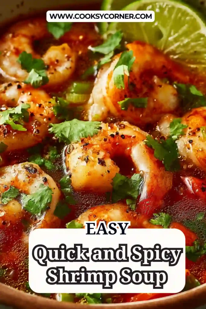 Bowl of spicy shrimp soup garnished with fresh cilantro and lime wedges, served hot for a comforting dinner.