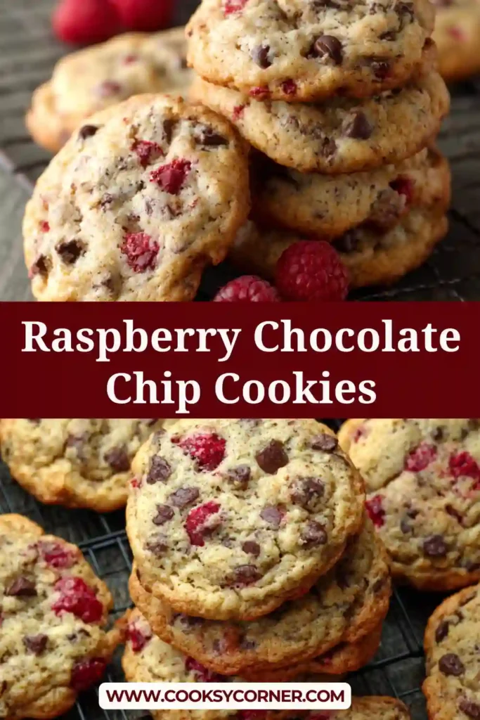 Soft Raspberry Chocolate Chip Cookies baked until lightly golden with visible chocolate chips and raspberry pieces throughout. These cookies have a tender texture and bakery-style appearance.