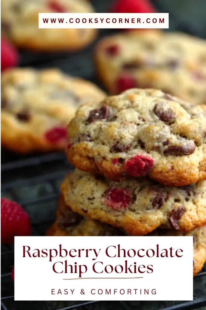 Freshly baked Raspberry Chocolate Chip Cookies cooling on a tray, showing rich chocolate chips and juicy raspberries in every bite.
