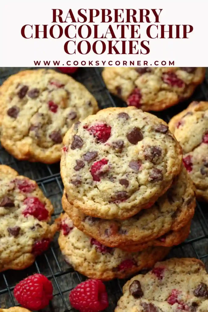 Close-up of Raspberry Chocolate Chip Cookies highlighting soft centers, melted chocolate, and vibrant raspberry chunks.