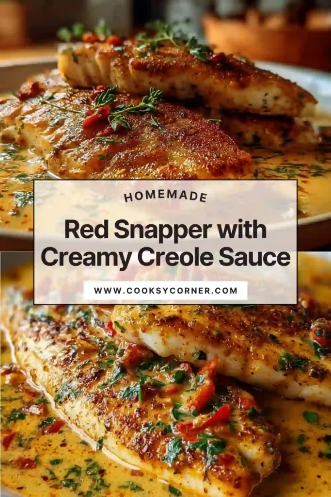 Close-up of red snapper in creamy Creole sauce with onions, bell peppers, and celery. Served hot for a flavorful meal.