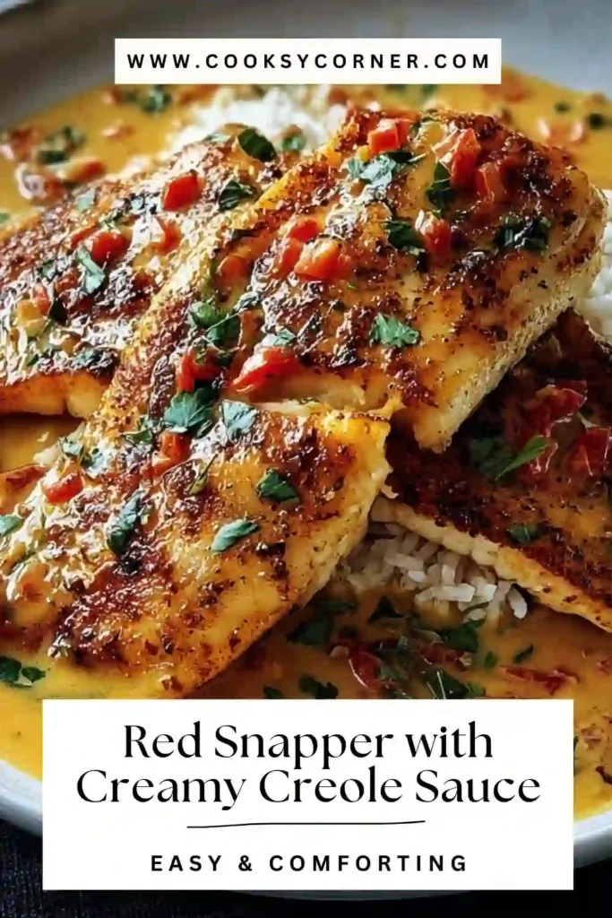 Skillet red snapper with creamy Creole seafood sauce garnished with fresh parsley. A comforting Southern-style fish dinner.