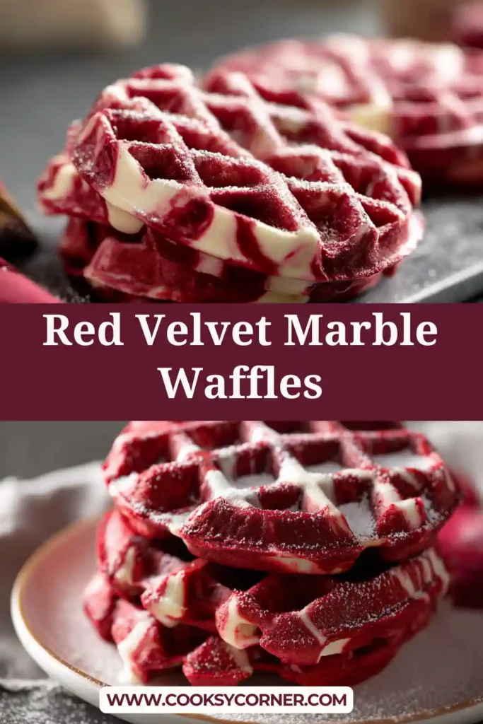 Freshly cooked red velvet marble waffles stacked for brunch.