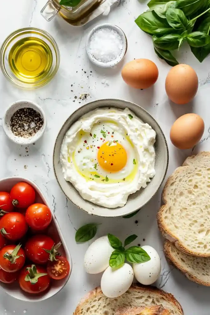 Creamy ricotta toast topped with eggs and sliced tomatoes.