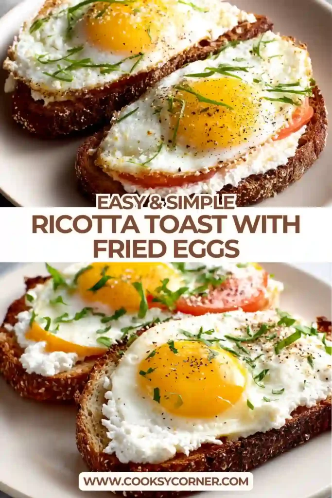 Savory ricotta toast with sunny-side-up eggs on whole grain bread.
