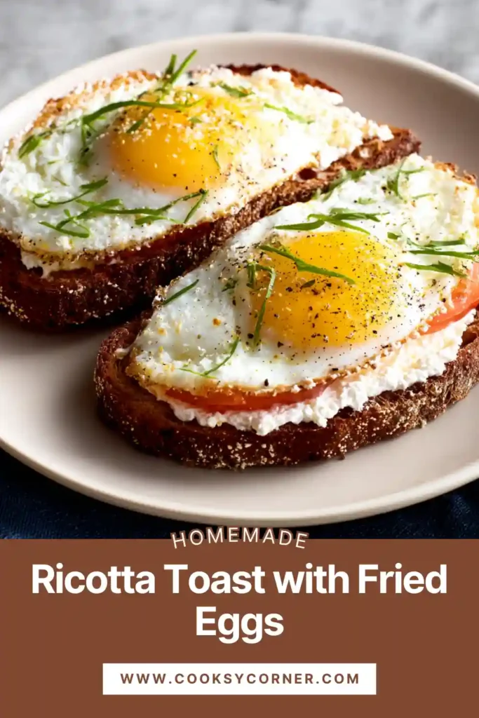 Ricotta Toast with Fried Eggs topped with basil, tomatoes, and Parmesan.