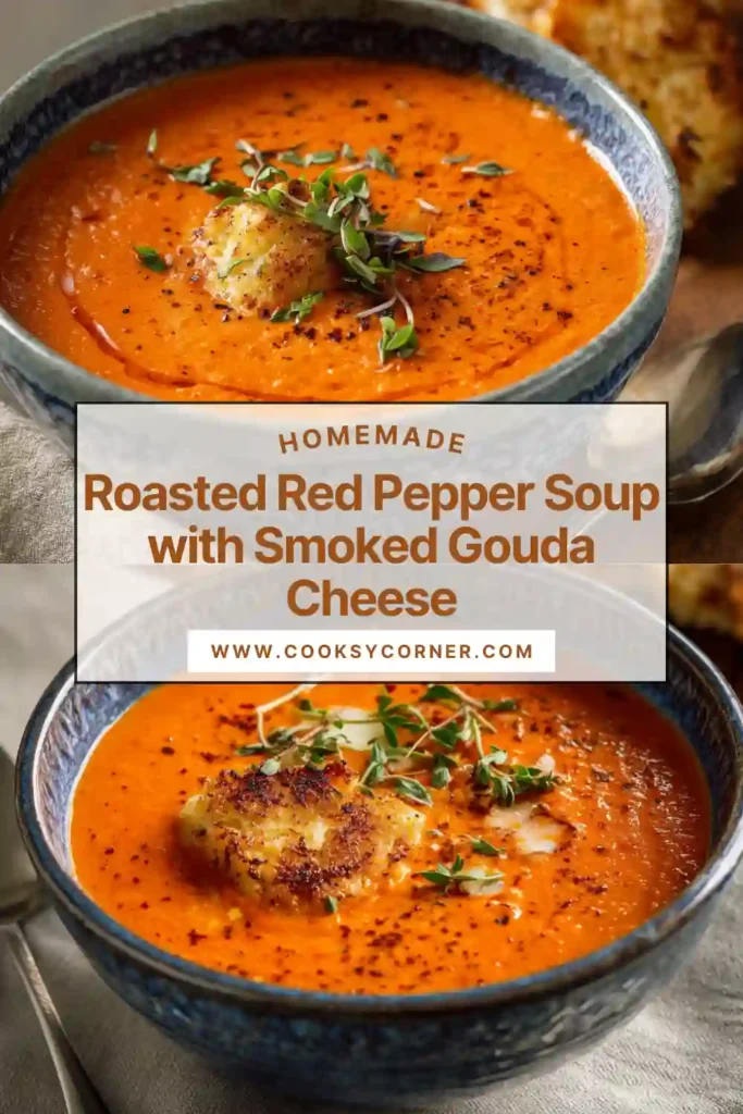 Roasted red pepper soup with melted gouda cheese in a bowl. Garnished with herbs and cream.