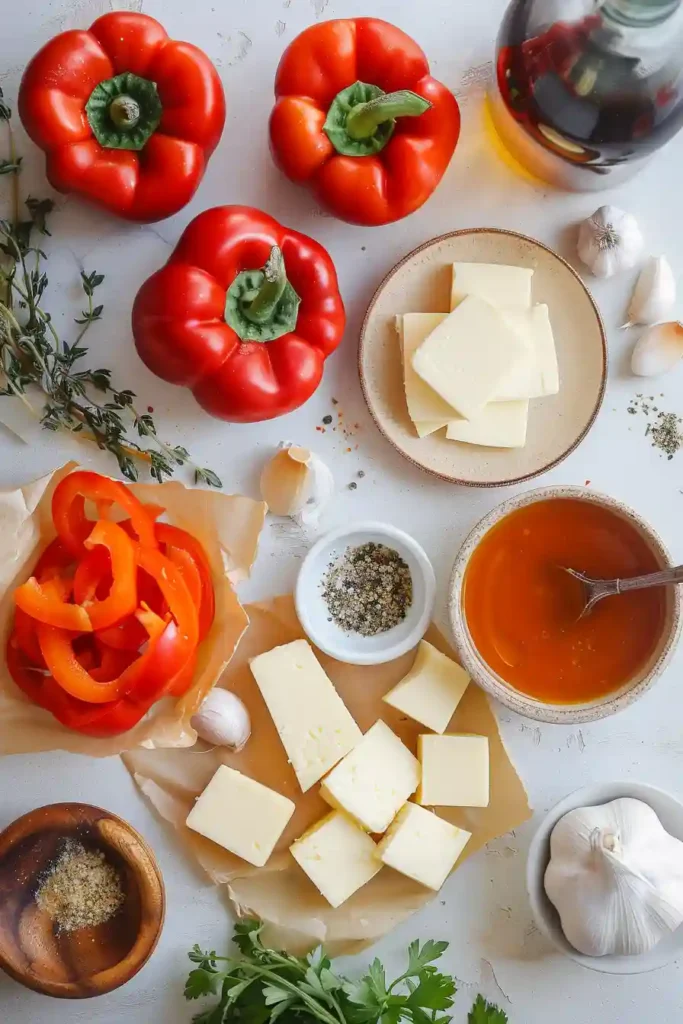 Close-up of roasted red pepper soup showing smooth texture and rich red color.