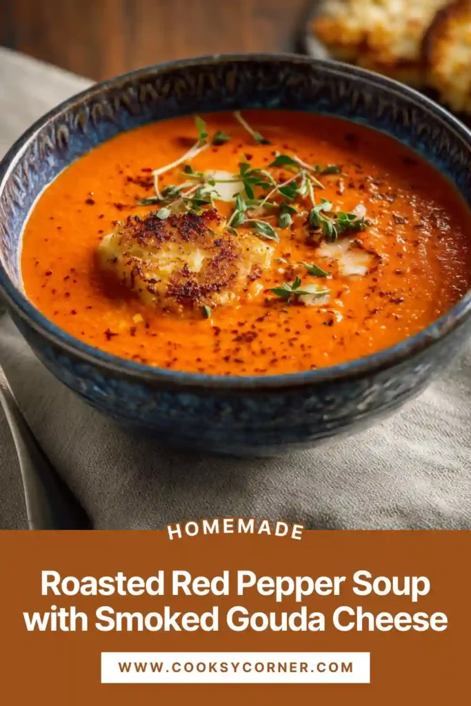 Roasted red pepper soup with smoked gouda cheese served warm with herbs. The soup looks creamy and vibrant red.