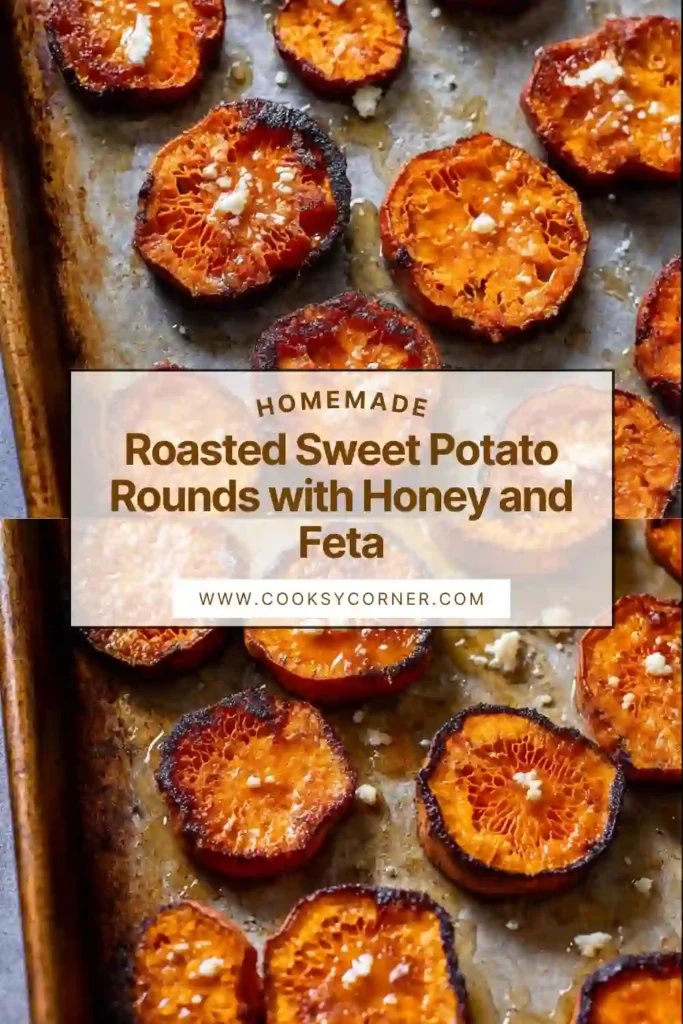 Crispy roasted sweet potato rounds with golden edges, drizzled with honey and finished with crumbled feta.