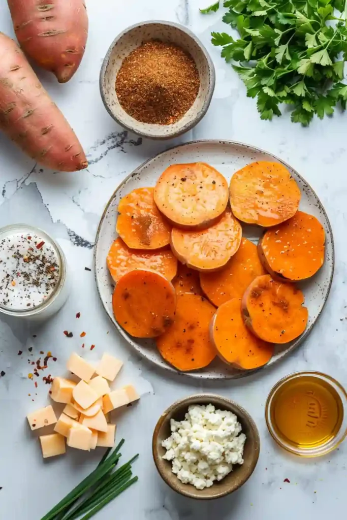 Sweet potato rounds roasted until caramelized and topped with feta and herbs.