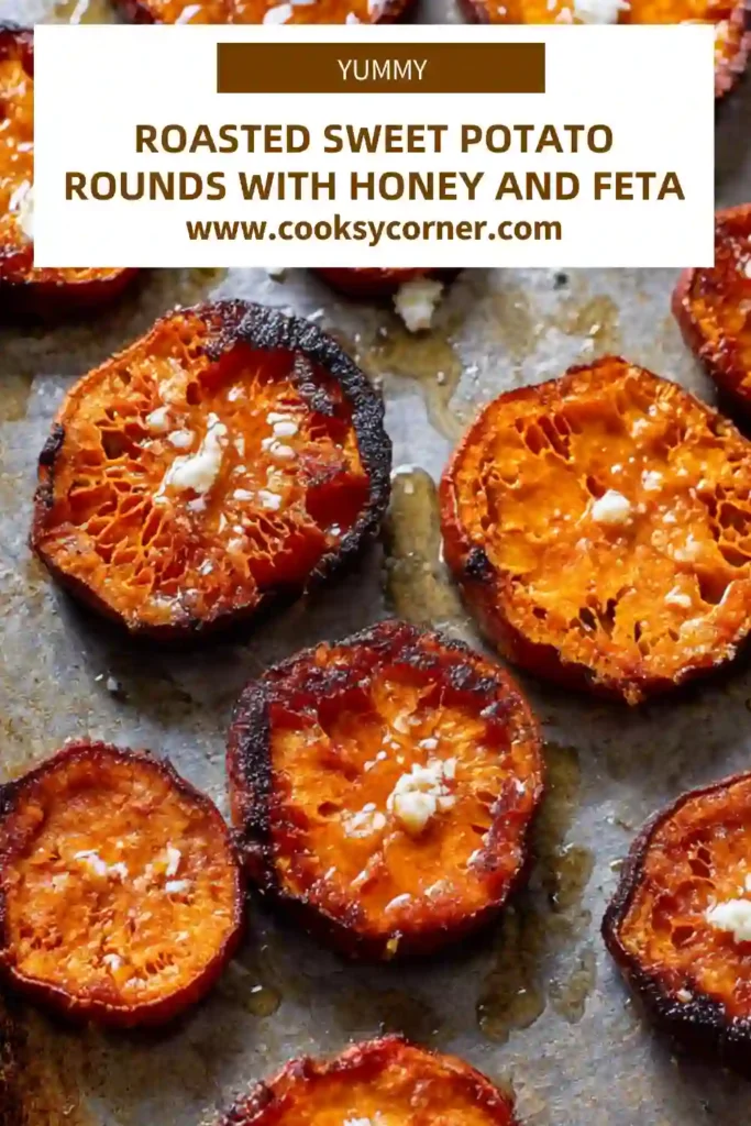Oven roasted sweet potato slices seasoned with spices, honey, and feta cheese.