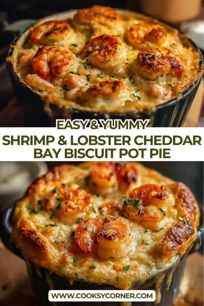 Close-up of shrimp and lobster pot pie with cheddar bay biscuit topping and creamy sauce. Comfort food meets coastal flavor.