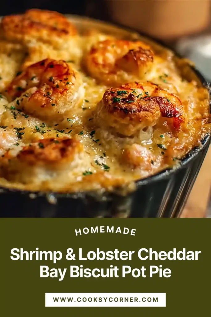 Shrimp & Lobster Cheddar Bay Biscuit Pot Pie baked until golden with creamy seafood filling underneath. A rich seafood pot pie perfect for cozy dinners.