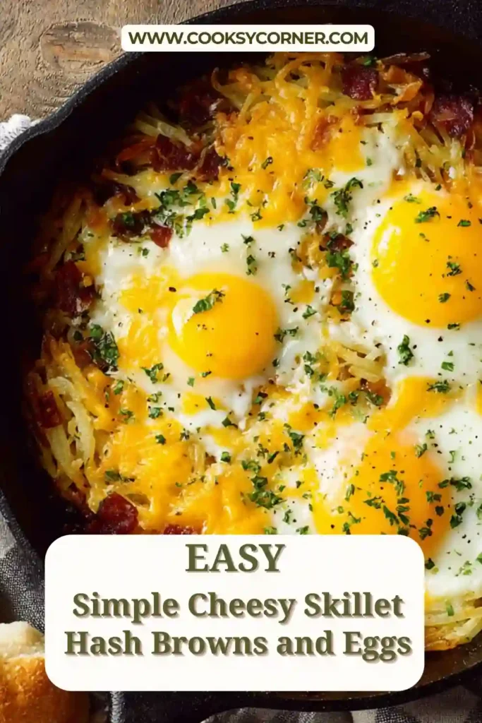 Close-up of cheesy hash browns and eggs showing golden potatoes and runny yolks.