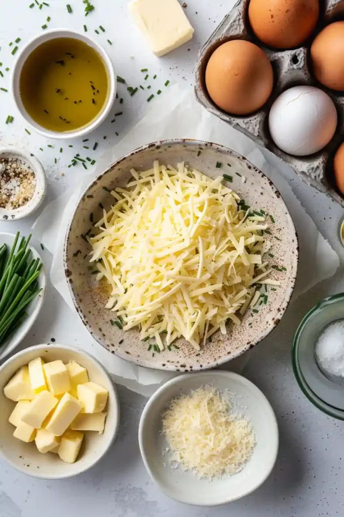 Cheesy skillet hash browns topped with baked eggs and chives.