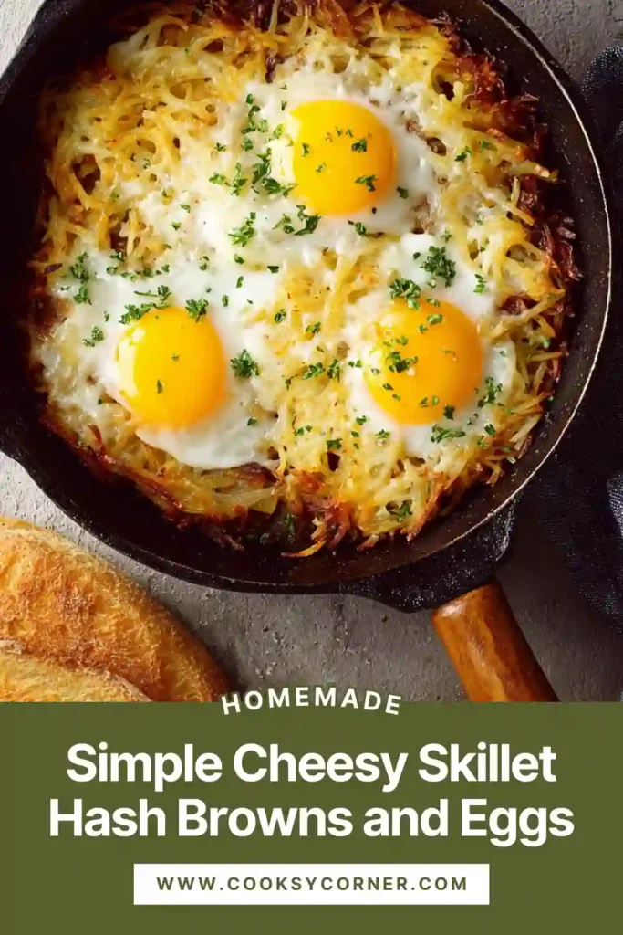 Hash browns and eggs cooked in a cast iron skillet with crispy edges and creamy yolks.