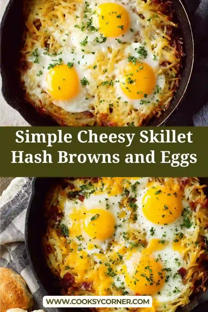 Simple cheesy skillet hash browns and eggs baked until golden with melted cheese and fresh chives.