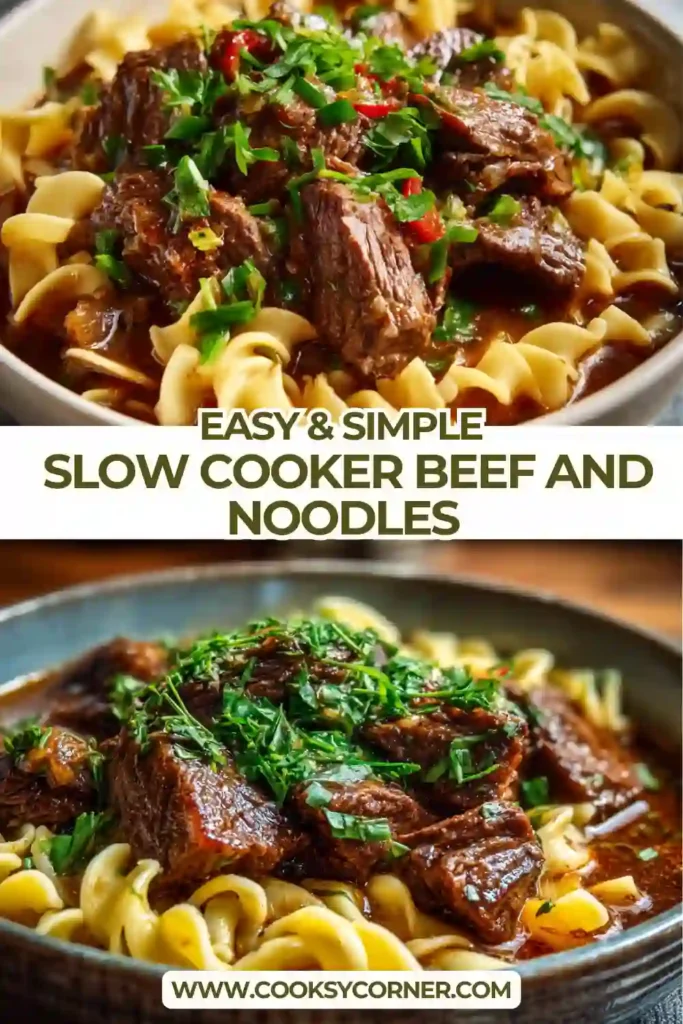 Slow Cooker Beef and Noodles served hot in a bowl with tender beef chunks and egg noodles in rich broth. This comforting slow cooker meal is perfect for family dinners.
