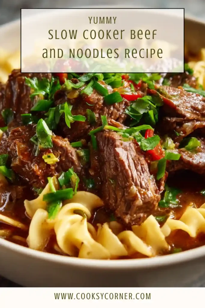 Crockpot Beef and Noodles freshly cooked with beef chuck, vegetables, and noodles in a hearty broth. Ideal for cozy meals.