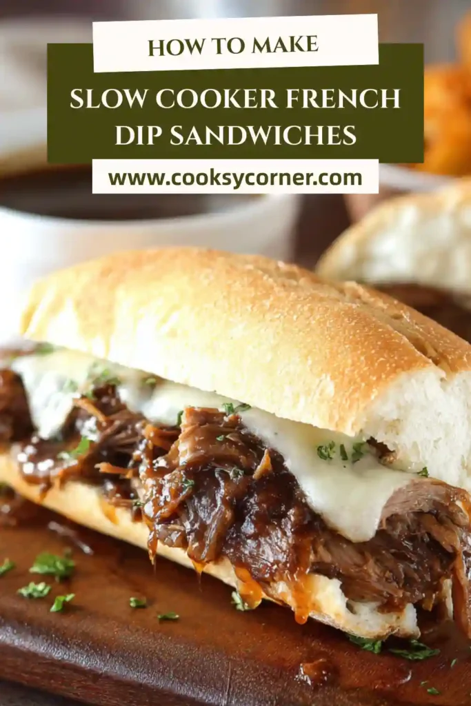 Homemade Slow Cooker French Dip Sandwiches prepared with slow-cooked beef and onions, served warm with au jus.