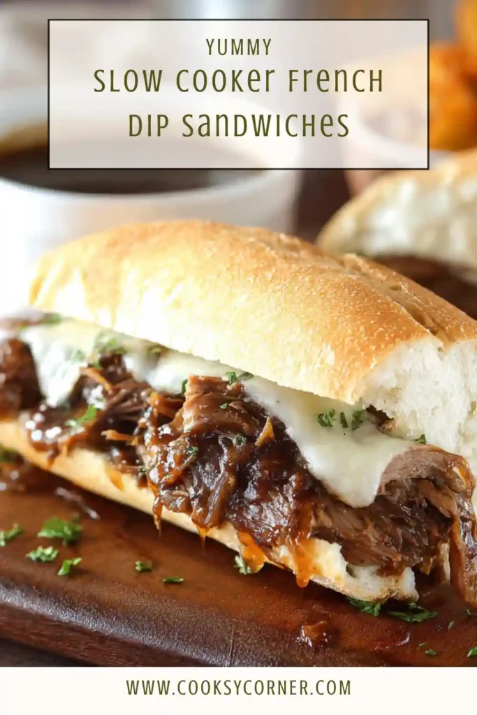 A close-up of Slow Cooker French Dip Sandwiches showing sliced beef, melted cheese, and golden bread alongside savory au jus.