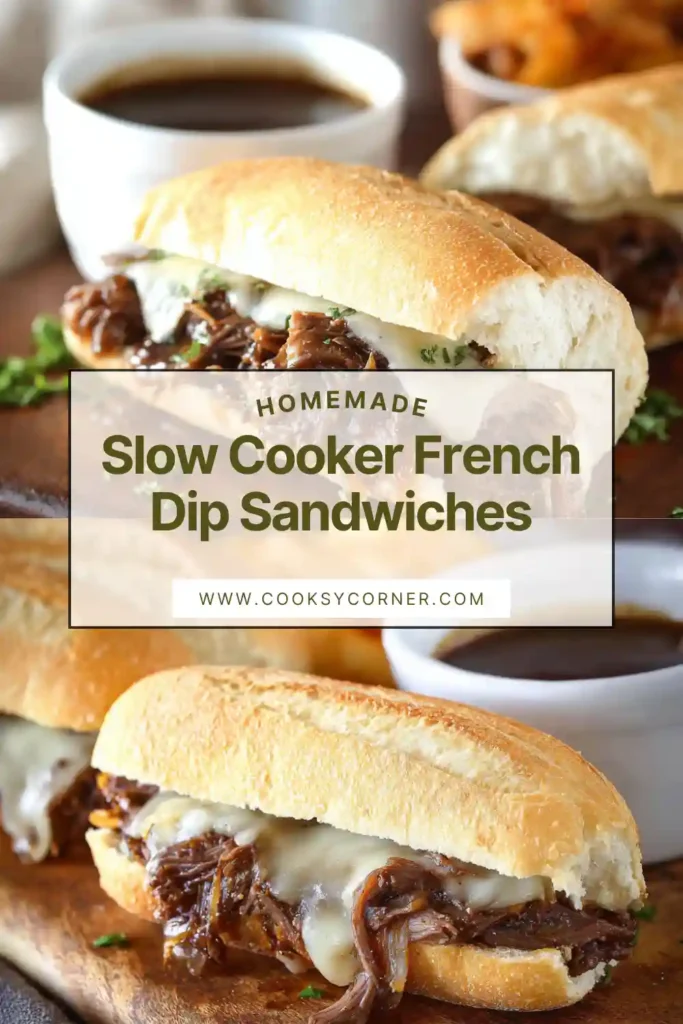 Slow Cooker French Dip Sandwiches served on toasted rolls with melted cheese and a bowl of rich au jus for dipping. The beef looks tender and juicy with caramelized onions.