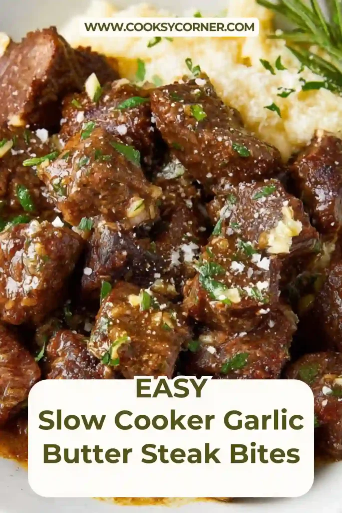 Crockpot steak bites served with onions and gravy.