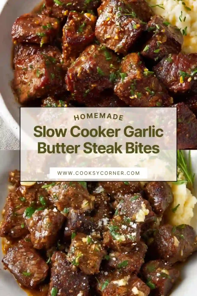 Slow cooker garlic butter steak bites garnished with fresh parsley.