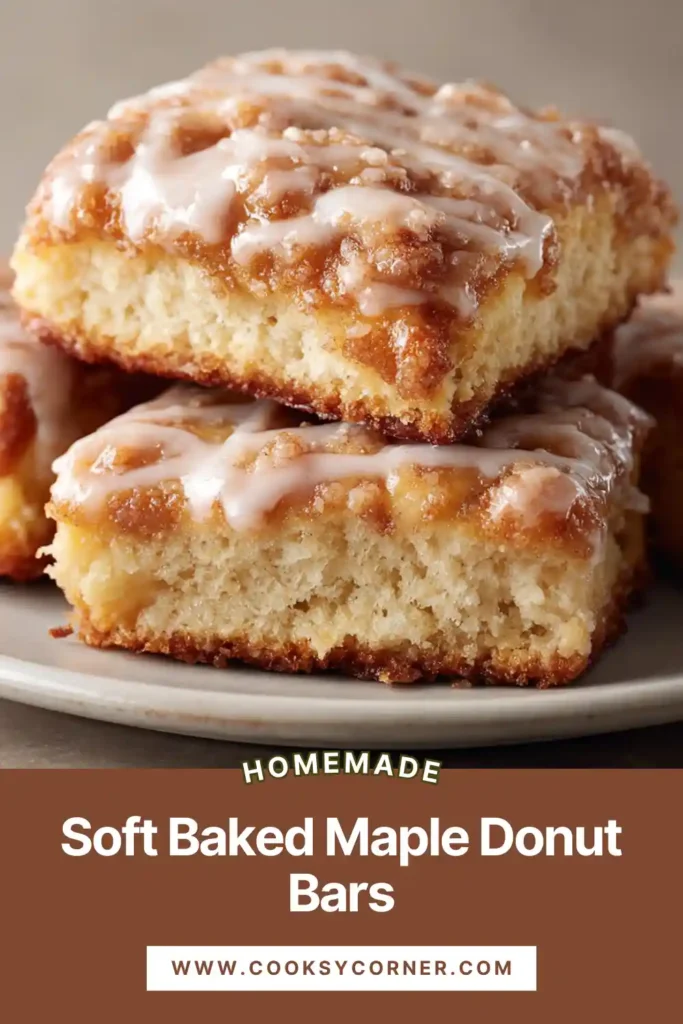 Close-up of Soft Baked Maple Donut Bars with thick maple glaze and soft cake-like texture. A baked maple donut dessert perfect for breakfast or brunch.