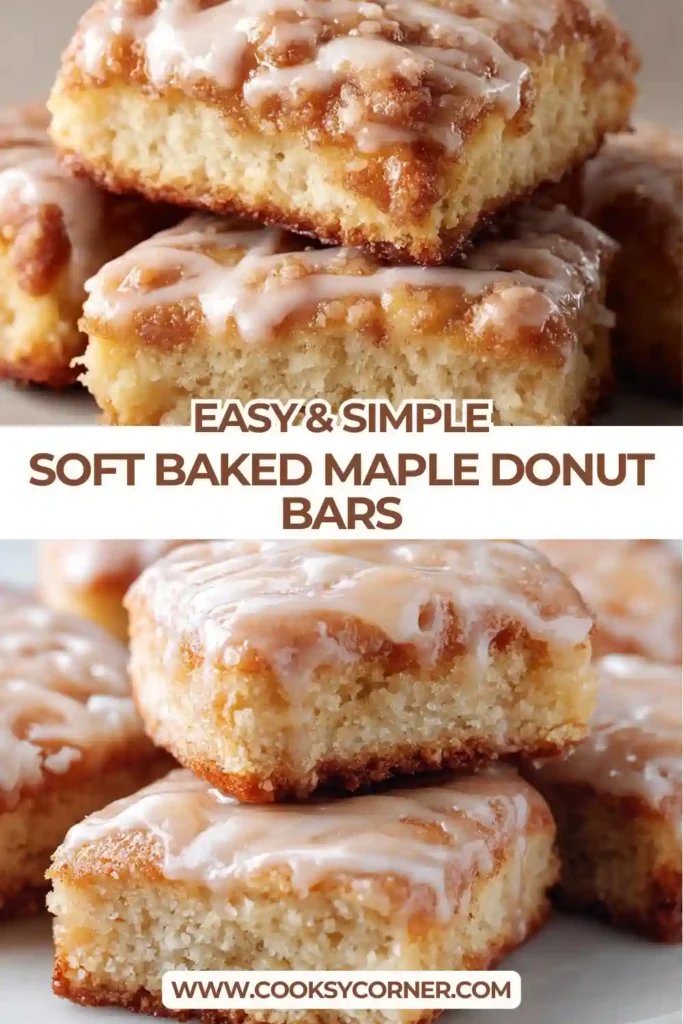 Soft Baked Maple Donut Bars sliced and glazed with maple icing, showing a fluffy interior and golden baked texture. This maple donut bar recipe is baked and topped with smooth glaze.