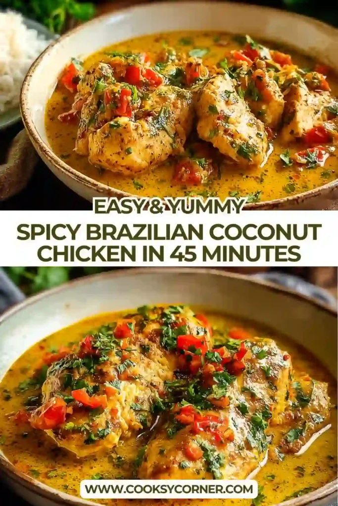 A skillet of Spicy Brazilian Coconut Chicken simmered in coconut milk with garlic, ginger, and red chili peppers. Creamy texture and vibrant color are visible.