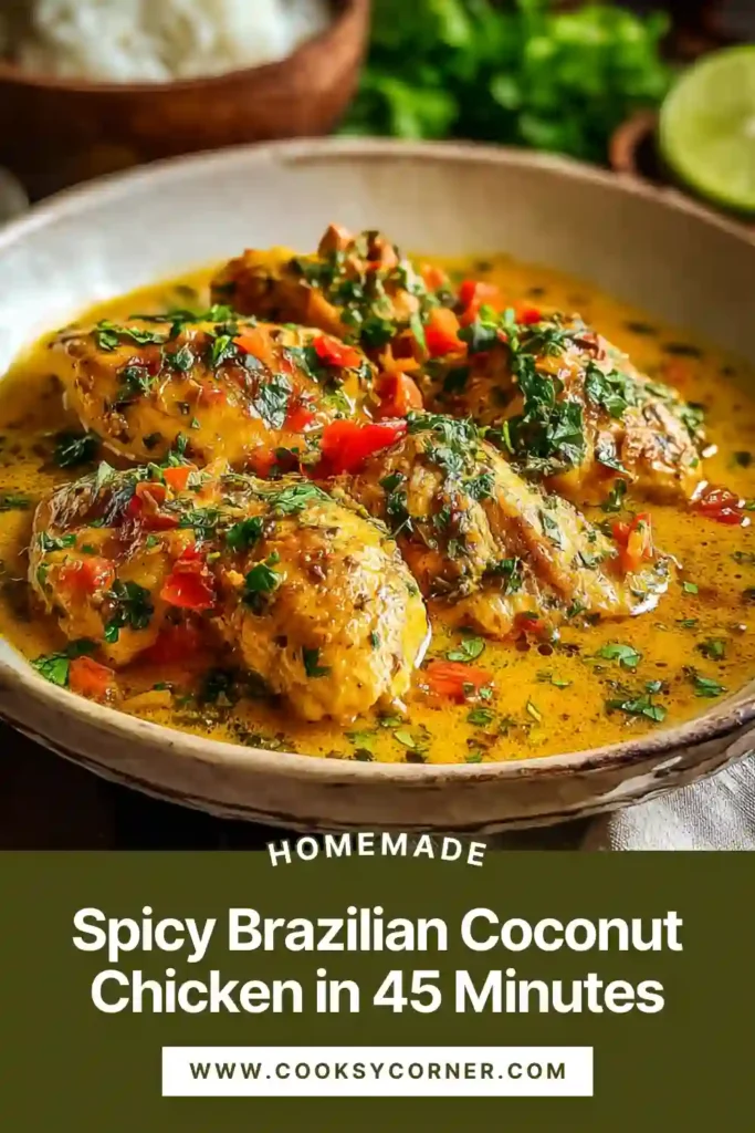 Spicy Brazilian Coconut Chicken served over rice with creamy coconut sauce and fresh cilantro. The dish highlights tender chicken and rich Brazilian flavors.