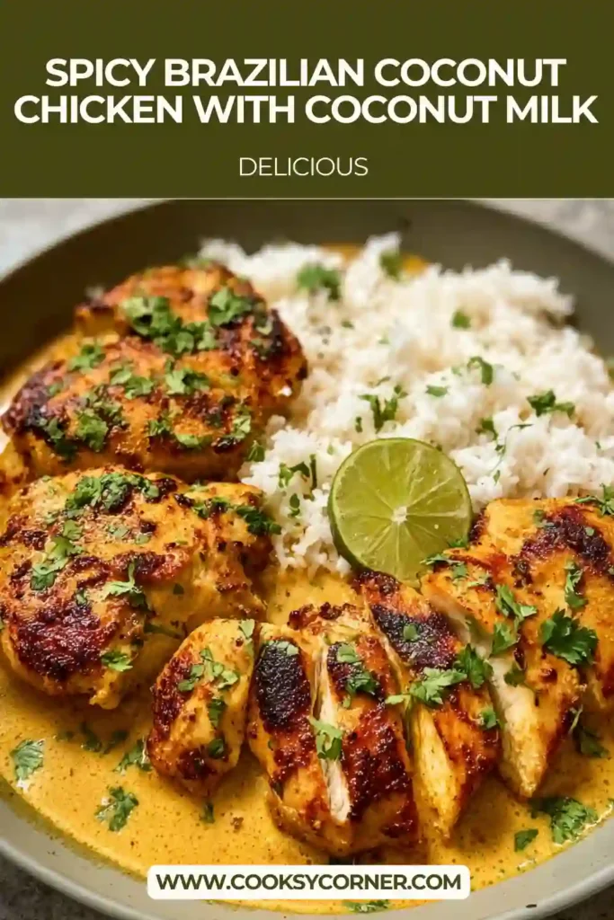 Brazilian coconut chicken simmering in a creamy sauce with herbs and spices. This spicy chicken dish is ideal for weeknight meals.