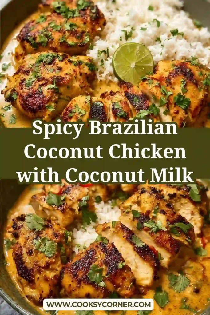 Spicy Brazilian Coconut Chicken served in a skillet with creamy coconut sauce and fresh cilantro. The dish looks rich, comforting, and full of tropical flavor.
