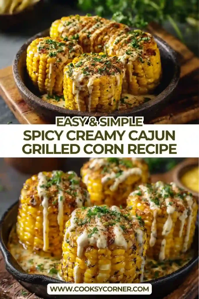 Close-up of spicy Cajun grilled corn with smoky char marks, creamy sauce, and fresh herb garnish.