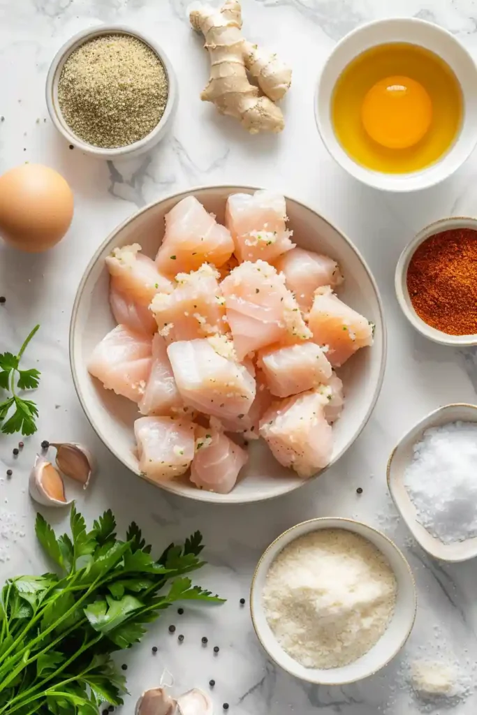 Homemade spicy fish nuggets with peri peri seasoning and crisp breadcrumb coating.