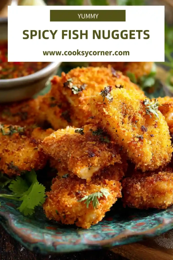 Close-up of crispy spicy fish nuggets made with seasoned white fish and panko breadcrumbs.