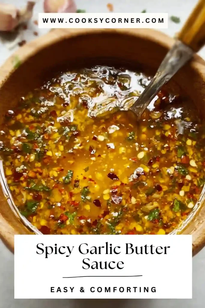 Close-up of creamy spicy garlic butter sauce perfect for seafood and vegetables.
