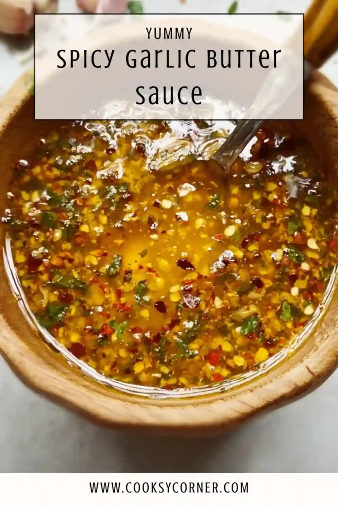 Homemade spicy garlic butter sauce freshly cooked with garlic, chili sauce, and parsley garnish.