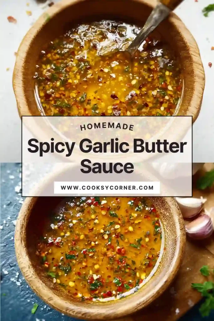 Spicy garlic butter sauce in a small bowl with visible garlic pieces and herbs, smooth and glossy with rich buttery texture.