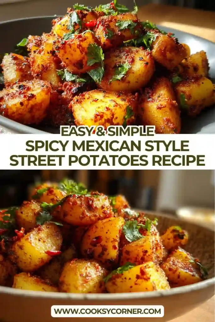 Close-up of Spicy Mexican-Style Street Potatoes cooked until crispy and tossed with cumin, garlic, and lime juice. A bold vegetarian side dish.