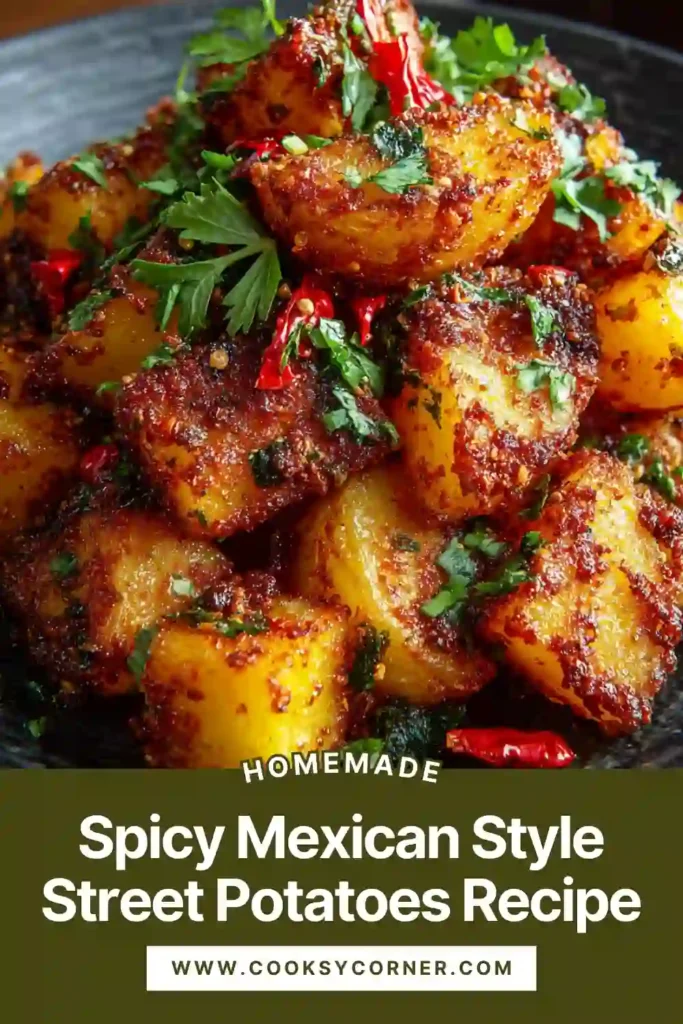 Crispy Spicy Mexican-Style Street Potatoes served hot with fresh cilantro and lime. The potatoes are golden and coated in smoky chili and paprika spices.