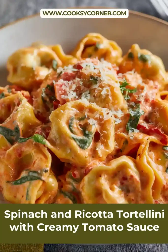One-pan spinach and ricotta tortellini in rich tomato cream sauce, perfect for an easy weeknight dinner.